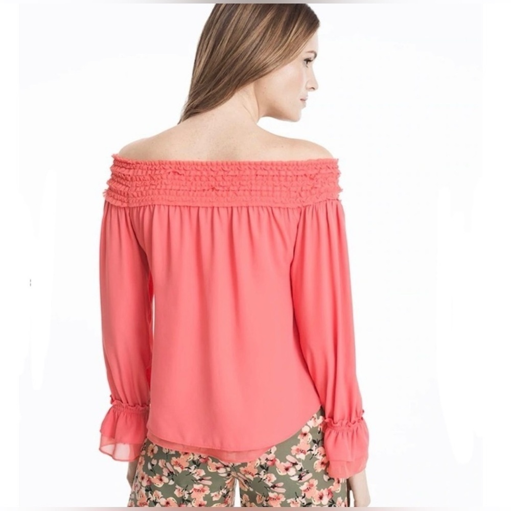 White House Black Market Blouse Off Shoulder Ruffle Smocked Chiffon Boho Medium - Picture 2 of 11